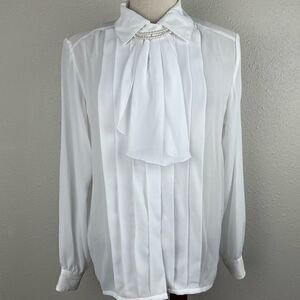 Vintage Laura & Jayme Collection White Button Down Ascot Shirt Size 12 EUC
